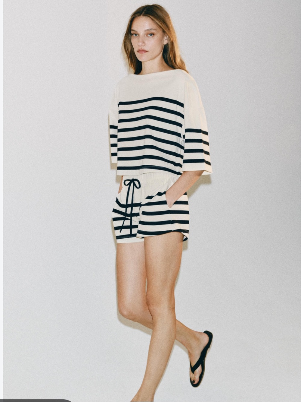 Striped Cream and Black Two-Piece Swim Cover Set